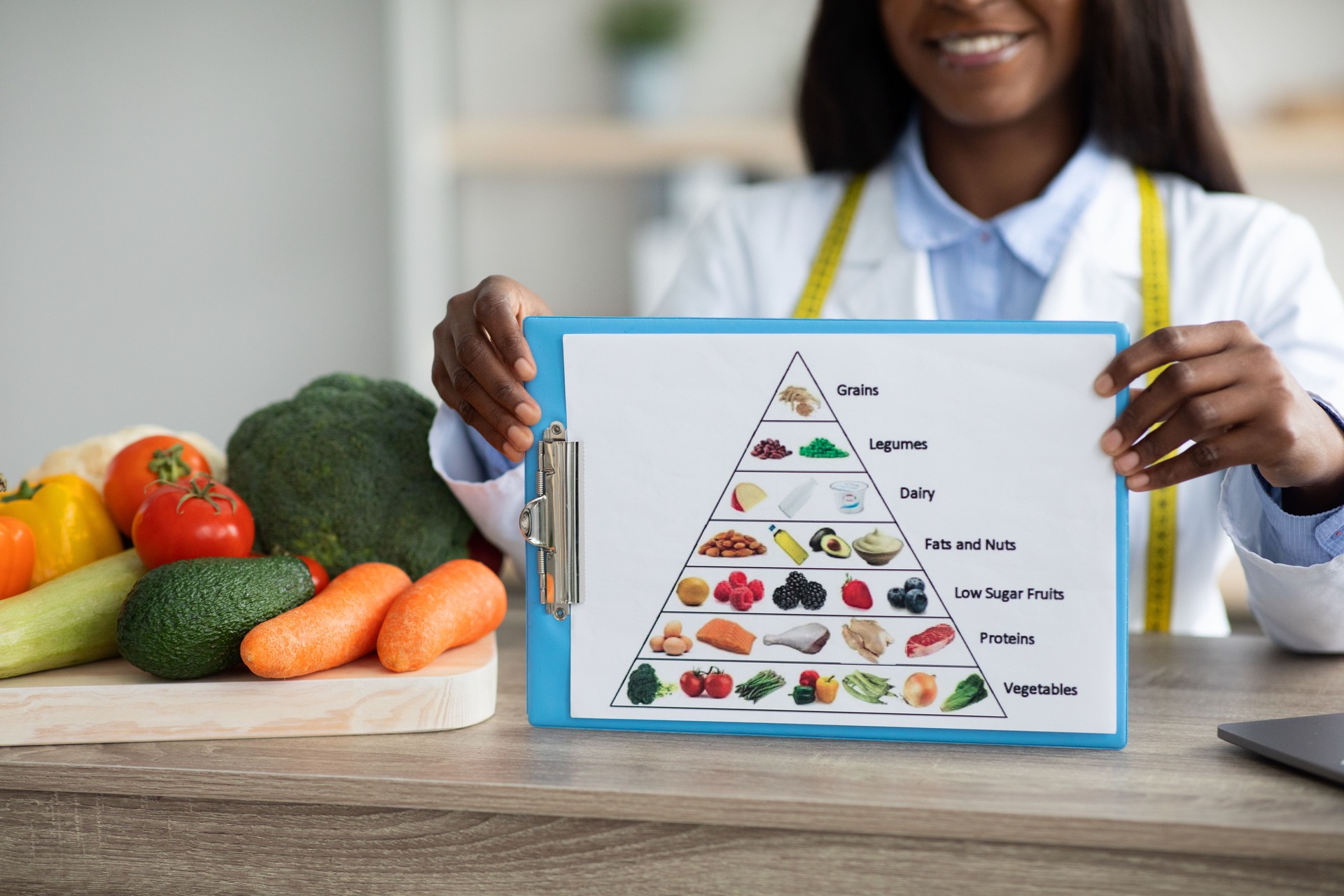 Female african american nutritionist showing schematic eating food pyramid, meal plan with various healthy products